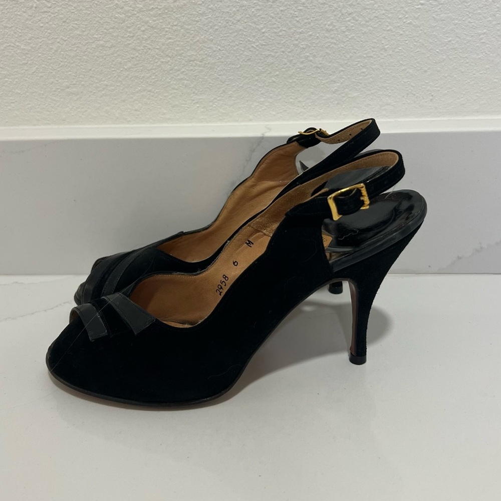 Vintage Mr Kimel Slingback Peep Toe Heels Black Leather Buckle California Size 6
